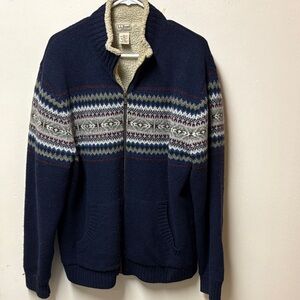 L.L. Bean Men's Dark Blue Zip-Up Sweater with Geometric Design
